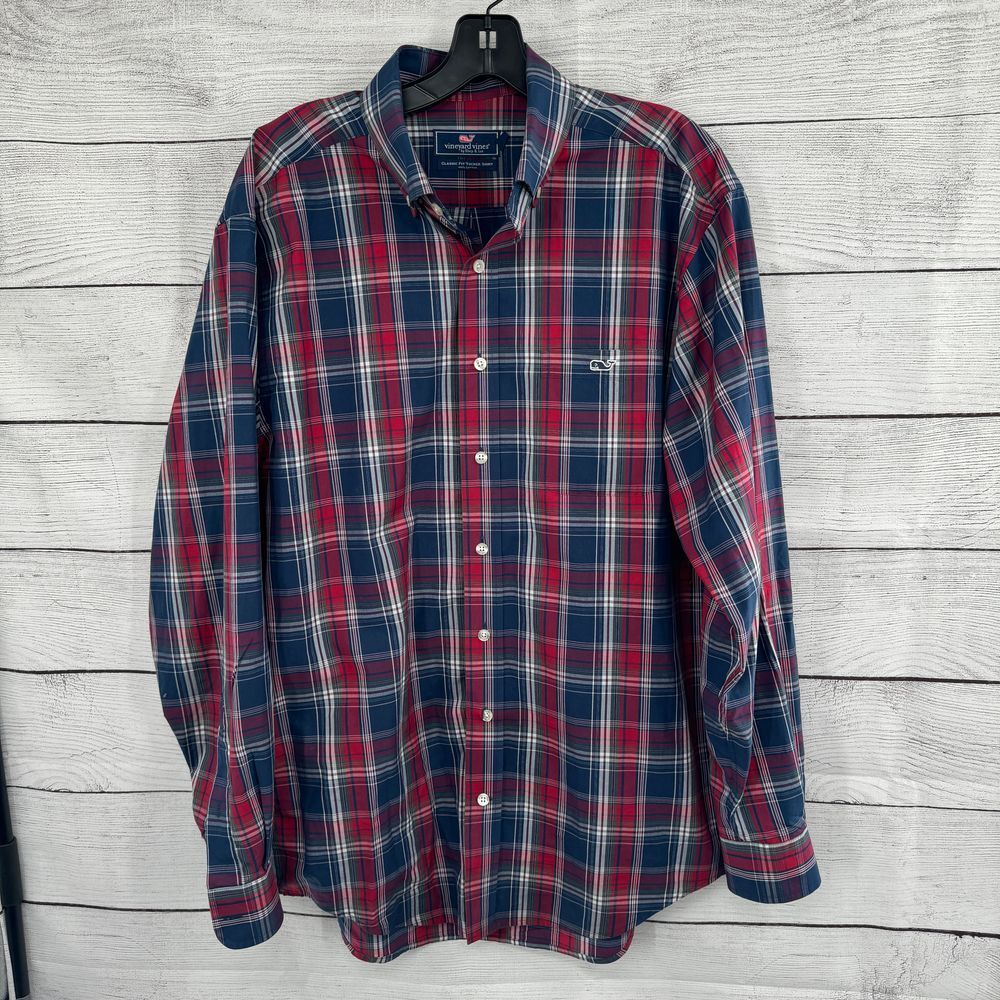 Vineyard Vines Classic Fit Tucker Plaid Button-Down Shirt Medium Navy Red Casual